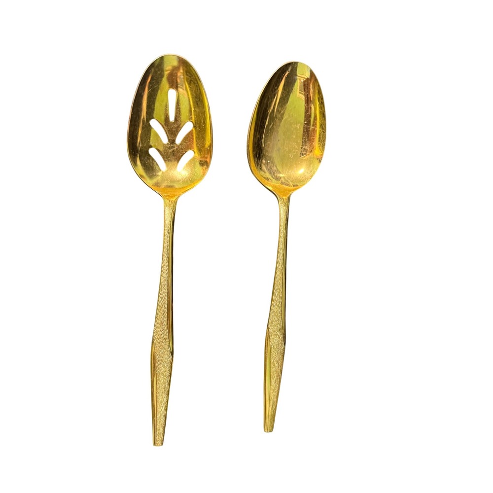 Vintage Florentine Gold Electroplate Serving Spoon Set Slotted Solid 2pc